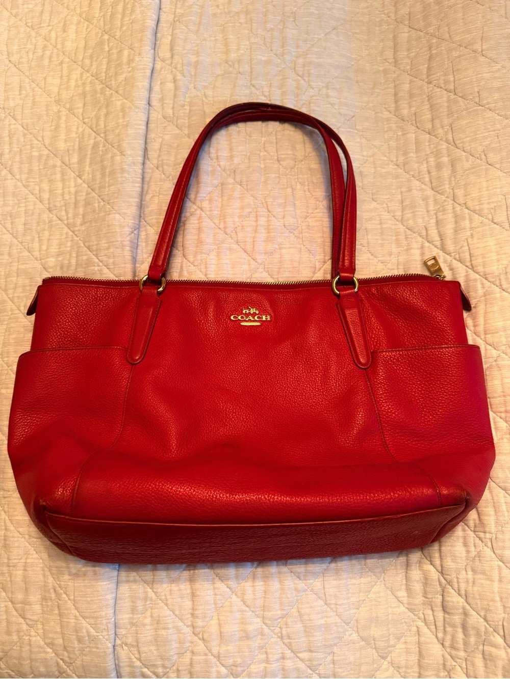Coach Red Pebbled Leather Shoulder Tote with Gold Hardware